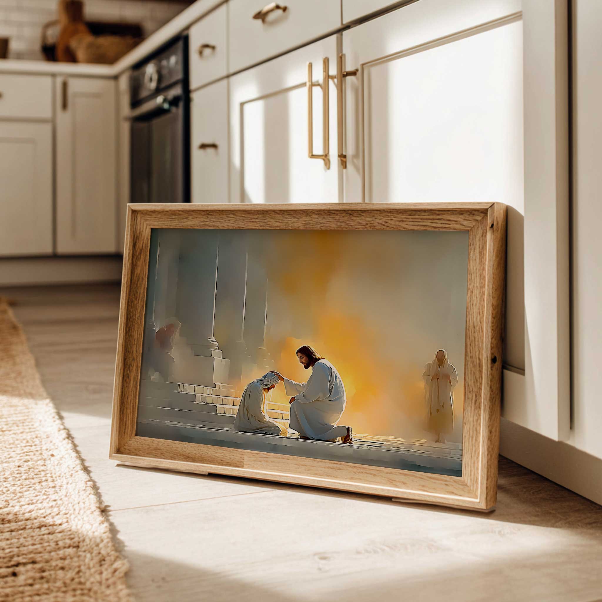 Illustration of a study desk beside a window where an image of the healed blind man invites contemplation