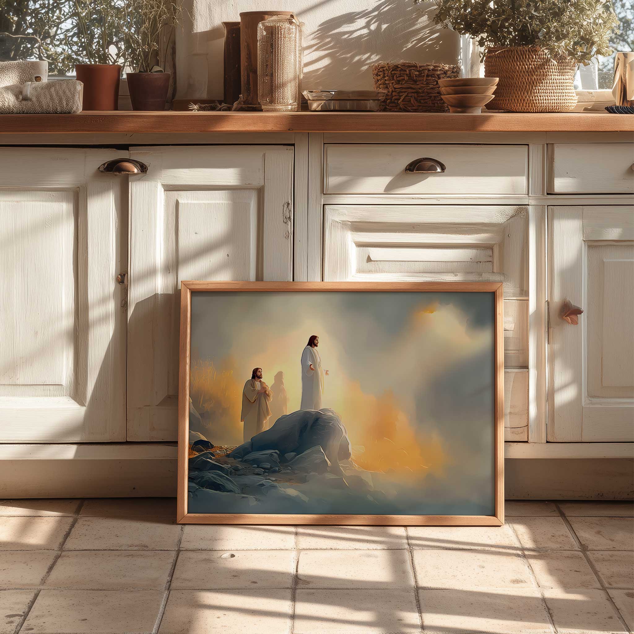 Balanced composition placing Christ above the landscape to express elevation and symbolic hierarchy