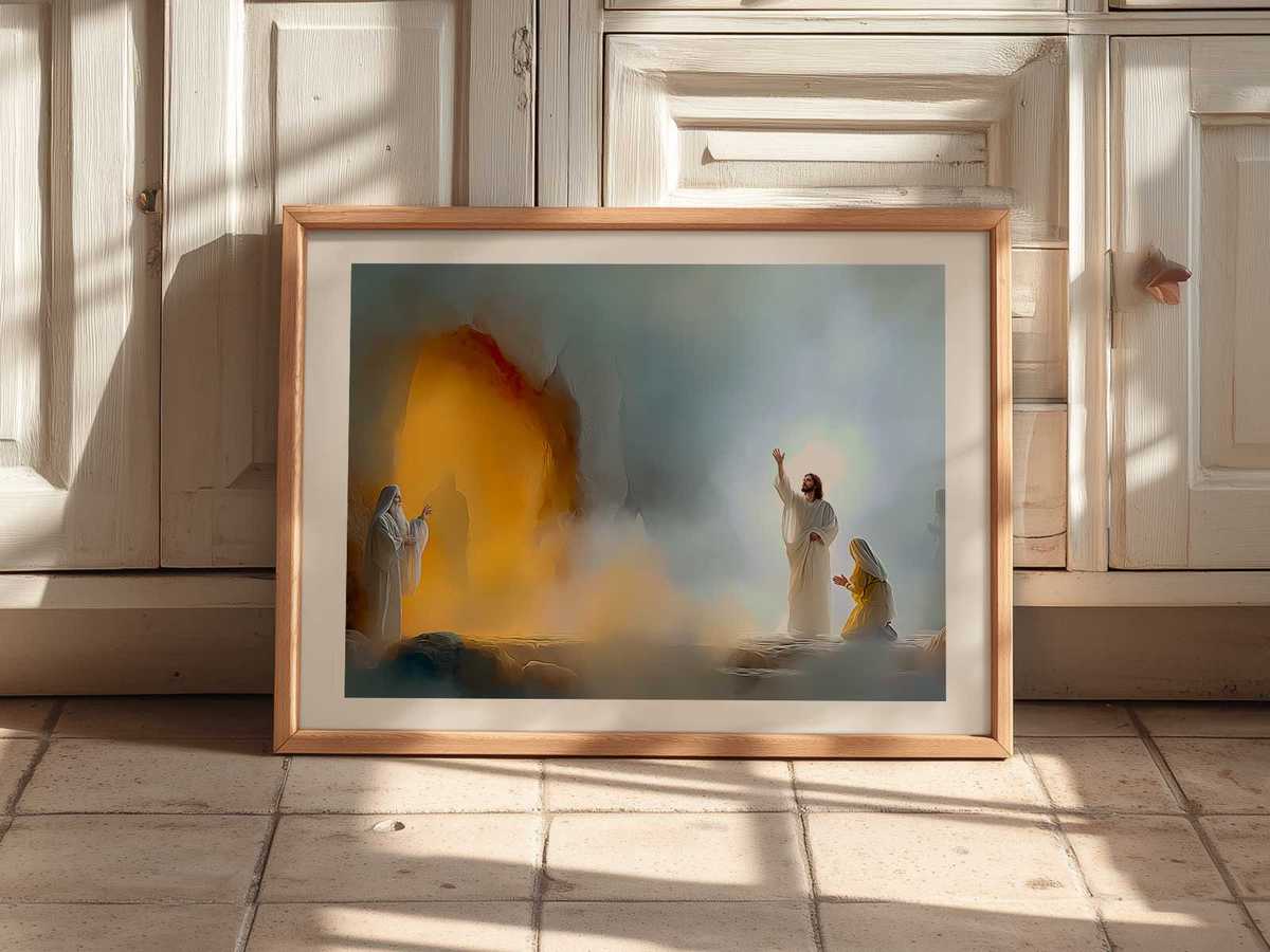 Detail of symbolic elements on the canvas—tomb, linen, light, and gestures—that read visually as signs of resurrection
