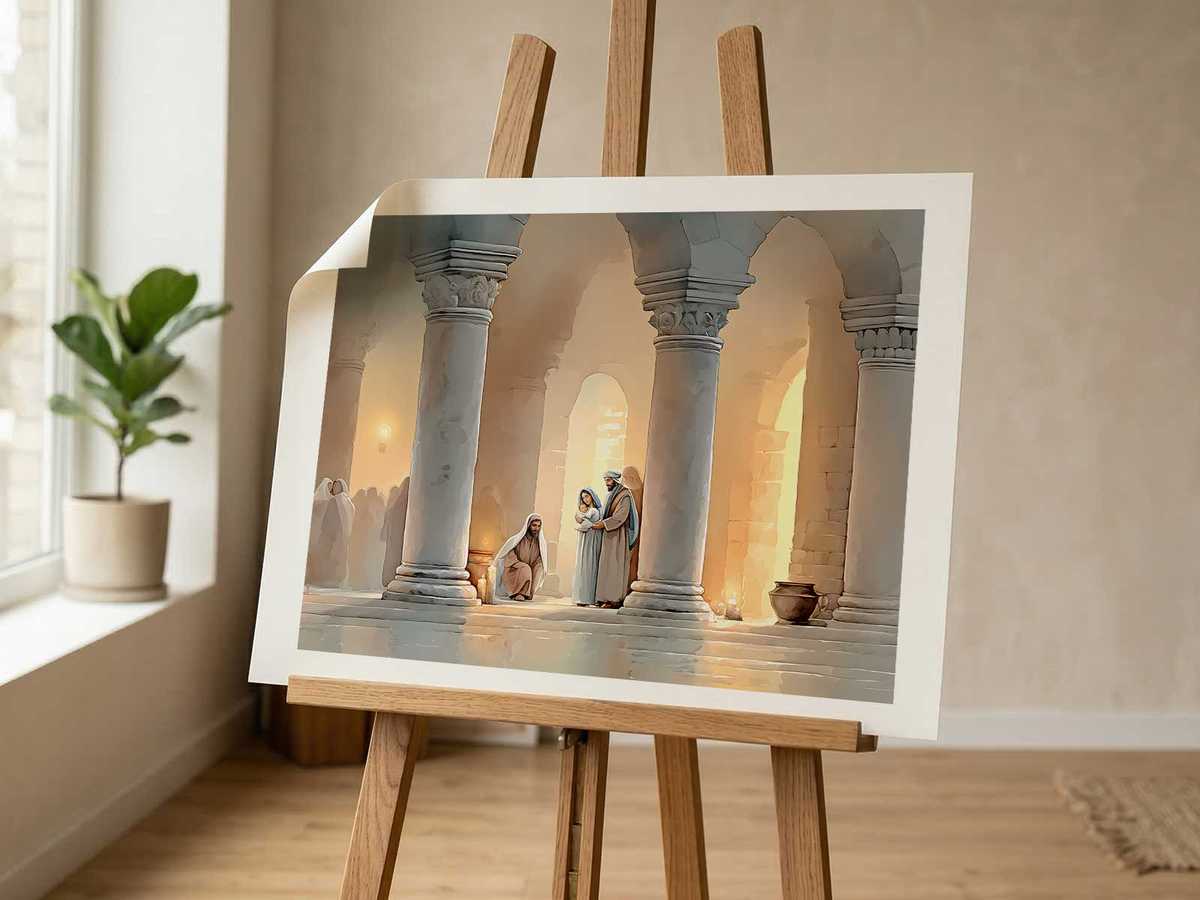 Architectural details and shafts of light in the Temple emphasizing the symbolic presence around the Christ child