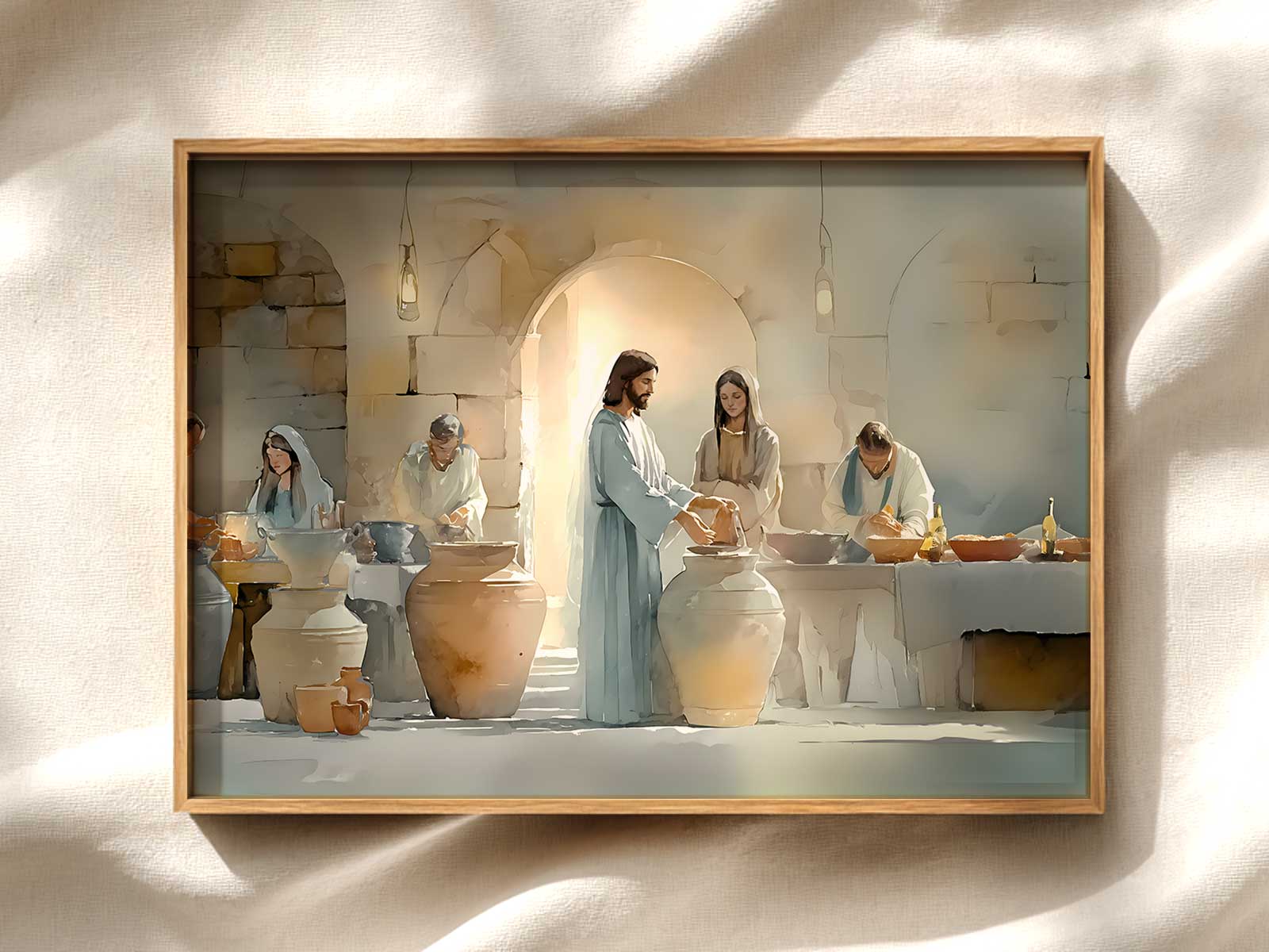 Artistic composition with symbolic light illuminating Christ above the jars, suggesting spiritual presence and daily…