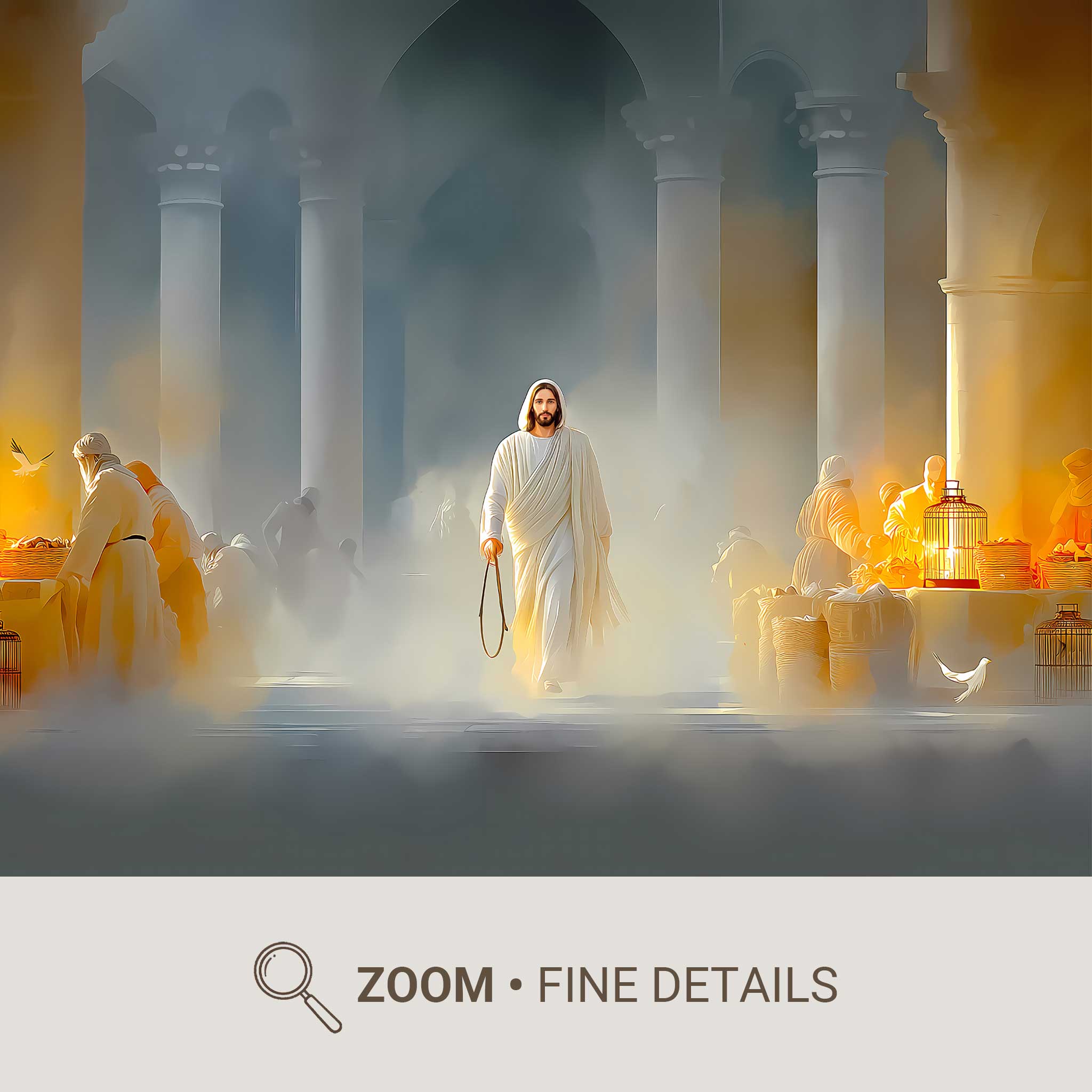 Sparse interior of the Temple with overturned tables and silent arches rendered in simple strokes
