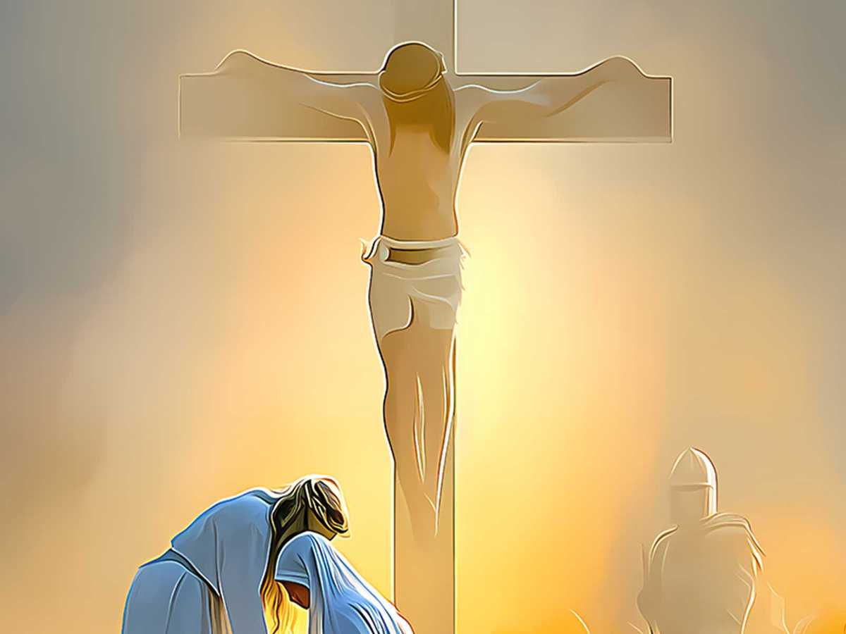 Three-quarter view silhouette of Christ on the cross rendered in elegant, thin strokes to suggest sacred stillness